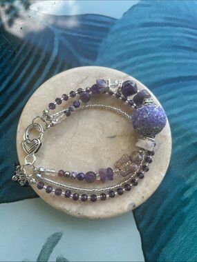 Multi-Strand Amethyst Bead Bracelet with Silver Accents